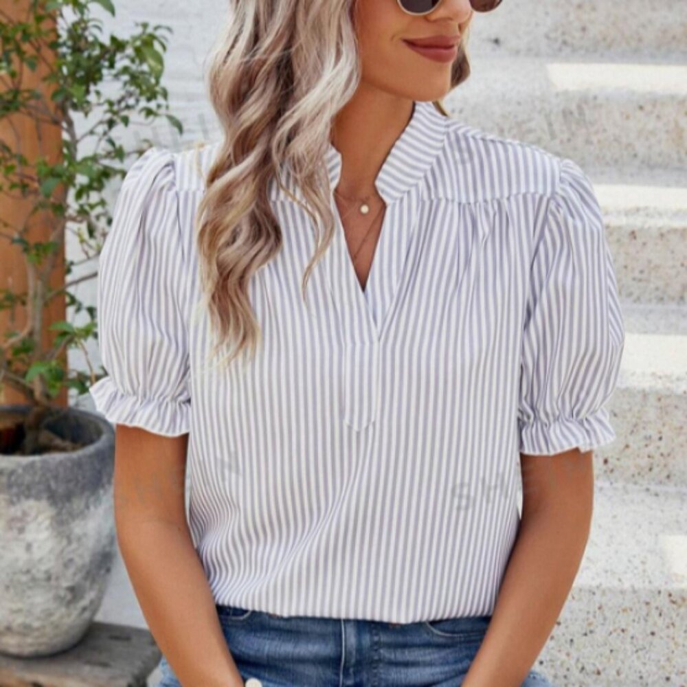 Blue/White Stripe Puff Sleeve Ruffle Notch Neck Blouse Size L NWOT